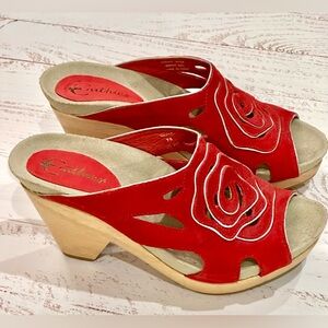 Earthies Red Open Toe Clogs, Size 7